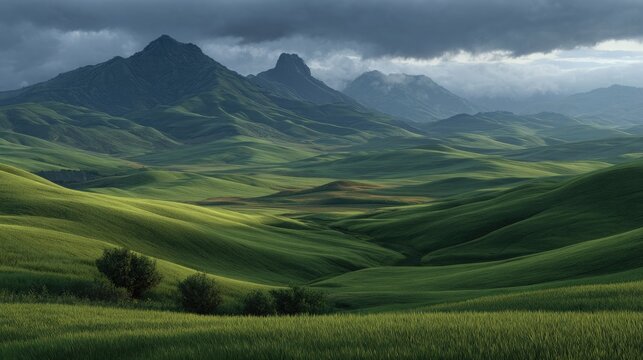 Dramatic mountain peaks over green rolling landscape