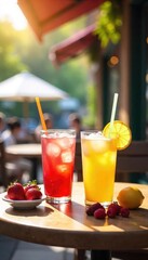 A refreshing summer cafe scene, featuring iced drinks, vibrant fruits, and sun-drenched outdoor seating Perfect for summer vibes, travel blogs, and cafe menus , background, summer menu
