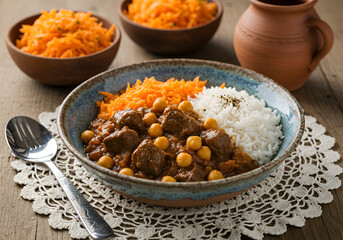 Lamb chickpea rice dish served