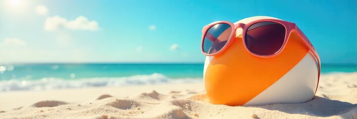 A sandy beach scene with comically oversized sunglasses perched atop a beach ball, creating a humorous juxtaposition The bright sun adds to the lighthearted feel , beach, beach ball humor
