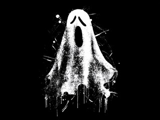 Graffiti style ghost with white paint outline and splatter effect on black background, streetwear aesthetic for hoodie print and urban design.