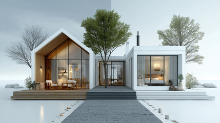 Two house halves merged — modern luxury home and simple shack side-by-side on pure white background with bright lighting and sharp focus, 3D architectural visualization