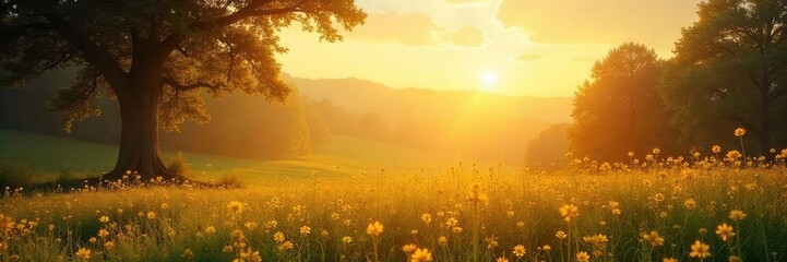 A serene landscape bathed in golden sunlight, symbolizing peace and blessings after a religious service Perfect for concepts of faith, hope, and spiritual renewal , tranquility, religion, religious