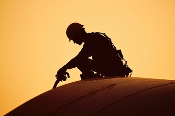 Dedicated construction worker silhouetted against a warm, golden sky, focused on task