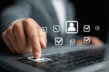 Businessperson interacts with a digital interface displaying user icons and checkmarks on a laptop keyboard