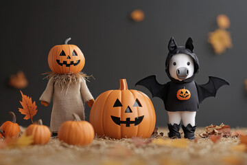 Halloween pumpkin costume autumn cute pet decoration harvest party spooky joy with two figures in pumpkin field under soft fall light