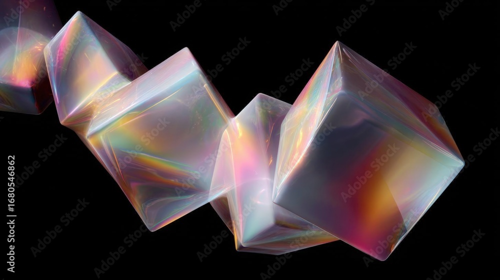 Poster group of five cubes arranged in a diagonal line on a black background. the cubes are of different si