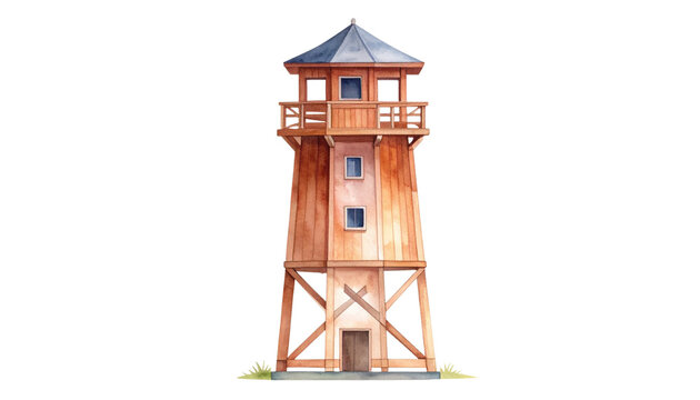 Watercolor Illustration of a Tall Wooden Watchtower.