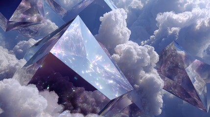 Digital art piece that appears to be a representation of a sky filled with clouds. the sky is a deep blue color and the clouds are white and fluffy.