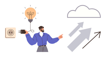 Man holding electrical plug toward lightbulb with upward arrows and cloud. Ideal for ideas, innovation, technology, connection, creativity, progress, growth. Simple flat metaphor