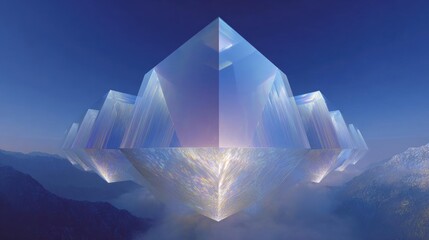 Digital illustration of a large, crystal-like structure in the shape of a pyramid. the pyramid is made up of multiple layers of transparent crystals that are arranged in a symmetrical pattern.