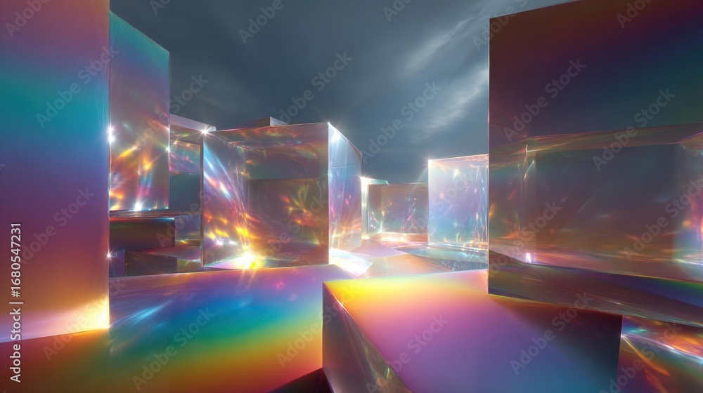 Poster abstract digital art piece that appears to be a 3d rendering of a futuristic cityscape. the backgrou
