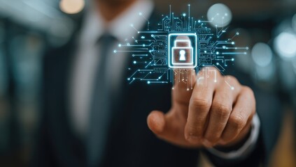 A person in a suit touches a digital lock graphic overlaying circuit board elements