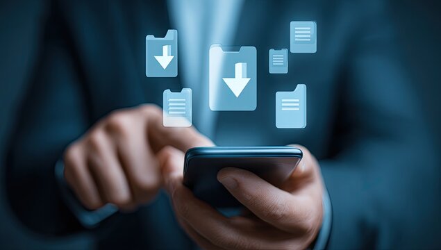 A person in a suit touches a phone screen, displaying multiple download icons