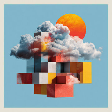 Abstract Geometric Cube Structure with Clouds and Sun against Blue Sky