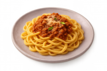 Rustic pici pasta drenched in hearty bolognese, generously sprinkled with parmesan and fresh basil leaves, isolated
