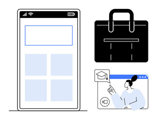 Smartphone interface, shopping bag, and person on a video call presenting online learning. Ideal for e-commerce, education, technology, remote work, app development, business and minimal flat