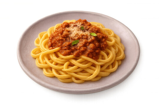 Rustic pici pasta drenched in hearty bolognese, generously sprinkled with parmesan and fresh basil leaves, isolated