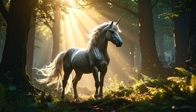 Majestic centaur standing in enchanted forest glowing with magical light