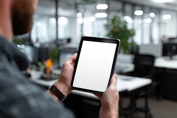 Man holds blank tablet in office
