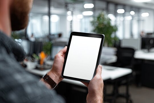 Man holds blank tablet in office