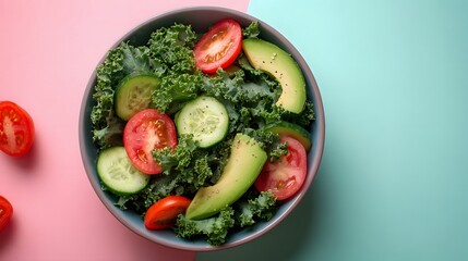 Bowl of fresh green salad with kale, avocado, tomato, and cucumber on pastel background.