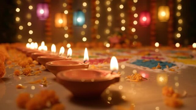 Diwali candles illuminated on colorful rangoli with festive lights  