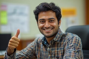 Young Indian businessman in an office environment expresses confidence and success, reflecting professionalism in the corporate workspace, Generative AI