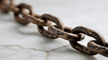 Obraz premium Rusty metal chain on cracked marble surface.
