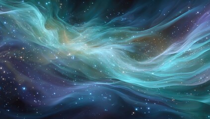 Vast nebula swirls in teal and gold, dotted with stars