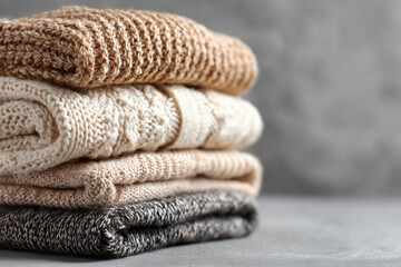 Stack of folded knitted sweaters on gray surface