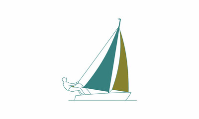 Minimalist Sailboat Illustration with Green and Yellow Sails, Single Line Drawing.