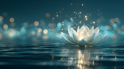 A luminous, ethereal white lotus flower floats gently on tranquil water, surrounded by shimmering light effects and a soft teal background.