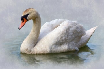 Elegant white swan gracefully floats on calm water