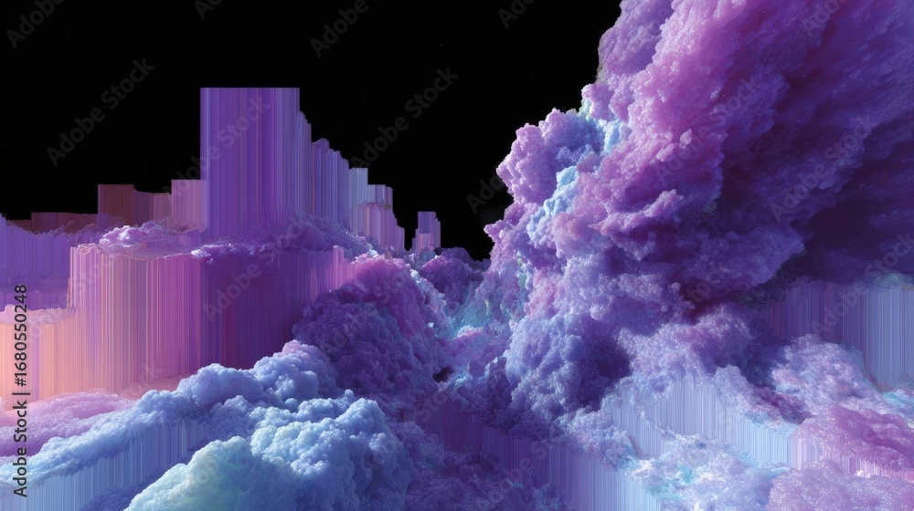 Poster abstract digital art piece that appears to be made up of different shades of purple and blue. the ba