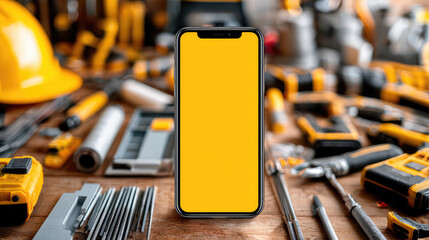 digital marketplace for building materials with flat lay of construction tools, smartphone, showing website interface for online shopping, modern e-commerce concept for renovation and trade
