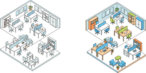 Isometric modern office workspace layout with desks, chairs, furniture, meeting area, business interior design vector illustration