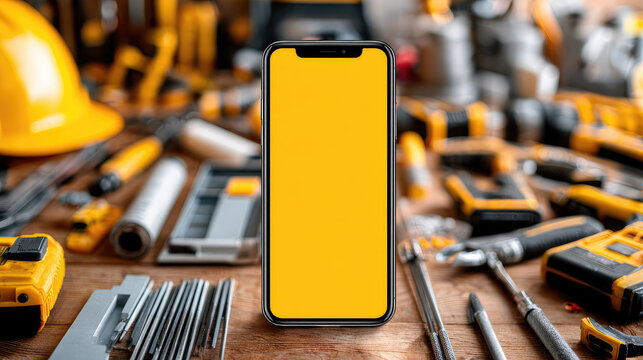 digital marketplace for building materials with flat lay of construction tools, smartphone, showing website interface for online shopping, modern e-commerce concept for renovation and trade