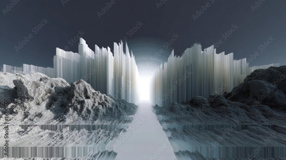 Poster digital art piece that appears to be a futuristic landscape with a tunnel-like structure in the cent