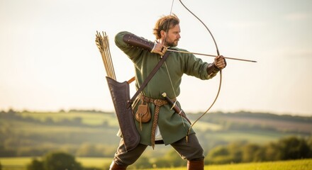 A medieval archer in a green tunic and leather armor, holding a bow and arrows, aiming at a target in a field with a clear blue sky in the background.