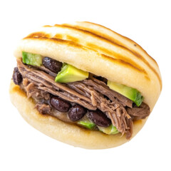 Arepa shredded beef black bean avocado Venezuelan sandwich traditional savory snack lunch comfort food grilled stuffed South American street food homemade closeup isolated transparency background
