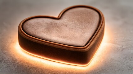 A heart-shaped decorative object, crafted from a smooth, muted bronze-toned material, illuminated with a warm glow.