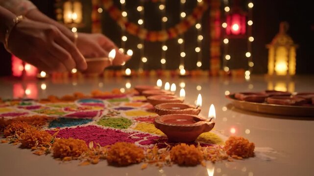Hand placing diya on colorful rangoli during Diwali celebration   - Powered by Adobe