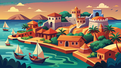 Island of Mozambique, Mozambique, shows colonial forts, coral-stone houses, and vibrant harbors. Ocean horizon frames the scene; semi-realistic flat vector emphasizing maritime geometry and pastel fac