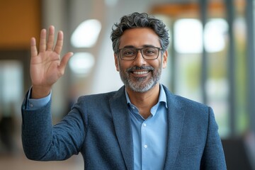Cheerful Indian businessman waves hello in a modern office space, showcasing positive engagement in a professional environment, Generative AI