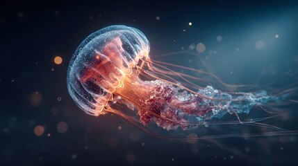 A mesmerizing jellyfish, illuminated with vibrant hues of orange and blue, floats serenely in a dark underwater realm, its translucent form showcasing intricate details and delicate tentacles.