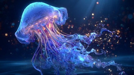 Naklejka premium A luminous jellyfish, glowing with vibrant blues and oranges, floats elegantly amidst a shimmering, dark background.