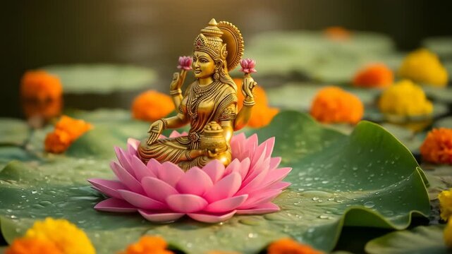 Golden goddess lakshmi idol sitting serenely on a vibrant pink lotus flower amidst lush green lily pads and colorful traditional marigold blossoms