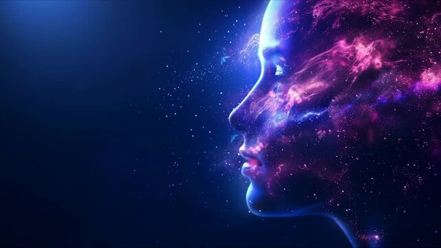 Female universe. Spiritual aura. Double exposure peaceful woman face silhouette in neon glow purple blue smoke motion abstract background. Enlightenment nirvana zen. Healing energy. Astral eternity.