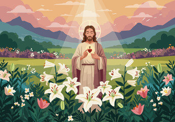 Fototapeta premium A depiction of Jesus in a floral field with a halo and the Sacred Heart visible beneath a bright sky